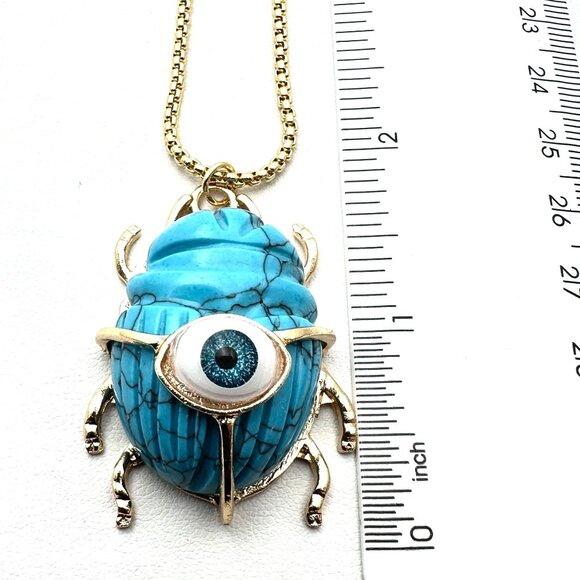 Evil Eye Necklace Blue Turquoise Gemstone Scarab Beetle Pendant Gold Plated - Picture 5 of 5